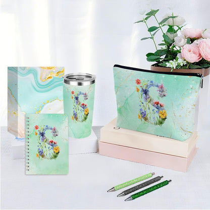 Personalized Gifts Monogrammed Birthday Gifts for Women, Cowerker Wife Sister Wedding Christmas Initial 20 oz Tumbler, Makeup Bag Cup Ballpoint Pens Journal Notebook 6 Set, (Aesthetic Green Flower C)