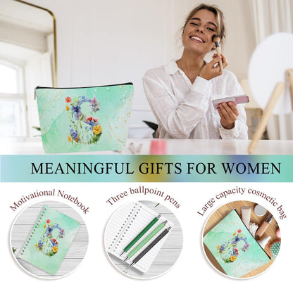 Personalized Gifts Monogrammed Birthday Gifts for Women, Cowerker Wife Sister Wedding Christmas Initial 20 oz Tumbler, Makeup Bag Cup Ballpoint Pens Journal Notebook 6 Set, (Aesthetic Green Flower C)