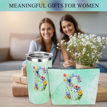 Personalized Gifts Monogrammed Birthday Gifts for Women, Cowerker Wife Sister Wedding Christmas Initial 20 oz Tumbler, Makeup Bag Cup Ballpoint Pens Journal Notebook 6 Set, (Aesthetic Green Flower C)