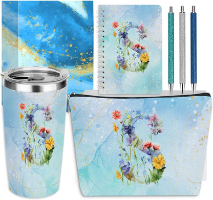 Personalized Gifts Monogrammed Birthday Gifts for Women, Cowerker Wife Sister Wedding Christmas Initial 20 oz Tumbler, Makeup Bag Cup Ballpoint Pens Journal Notebook 6 Set, (Aesthetic Green Flower C)