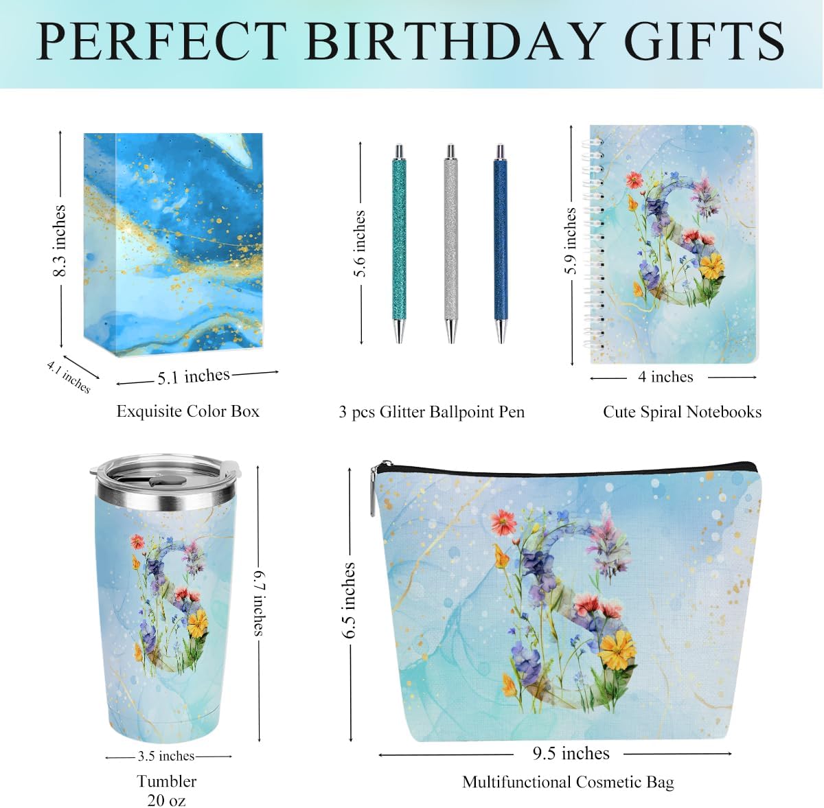 Personalized Gifts Monogrammed Birthday Gifts for Women, Cowerker Wife Sister Wedding Christmas Initial 20 oz Tumbler, Makeup Bag Cup Ballpoint Pens Journal Notebook 6 Set, (Aesthetic Green Flower C)