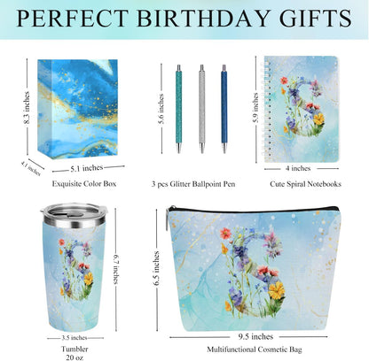 Personalized Gifts Monogrammed Birthday Gifts for Women, Cowerker Wife Sister Wedding Christmas Initial 20 oz Tumbler, Makeup Bag Cup Ballpoint Pens Journal Notebook 6 Set, (Aesthetic Green Flower C)
