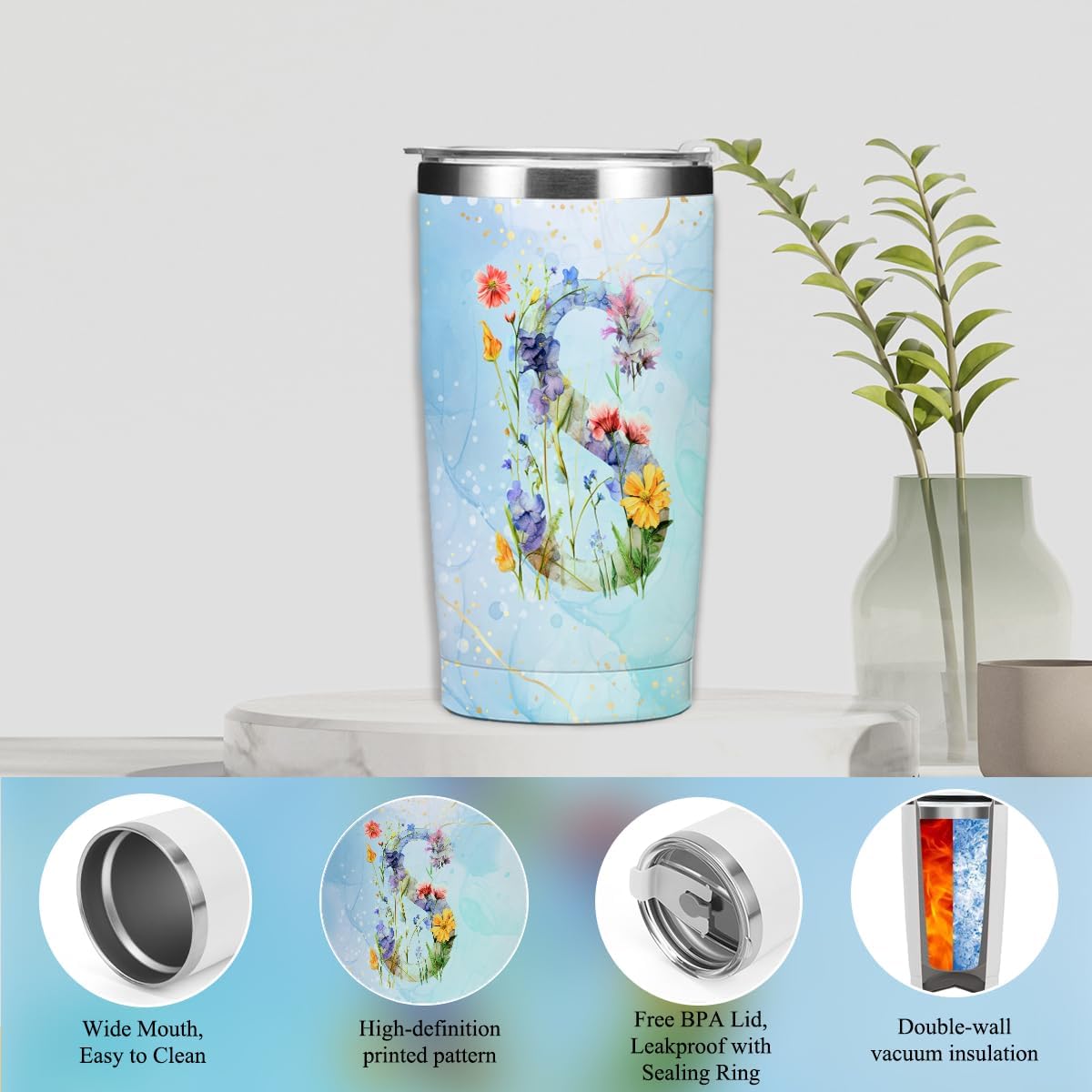 Personalized Gifts Monogrammed Birthday Gifts for Women, Cowerker Wife Sister Wedding Christmas Initial 20 oz Tumbler, Makeup Bag Cup Ballpoint Pens Journal Notebook 6 Set, (Aesthetic Green Flower C)