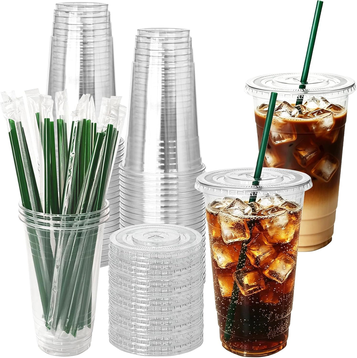 25 Set 16oz Plastic Cups with Flat Lids and Straws,Disposable Plastic Iced Coffee Cup,Disposable Clear Drinking Cups for Cold Beverages,Milkshakes,Smoothies