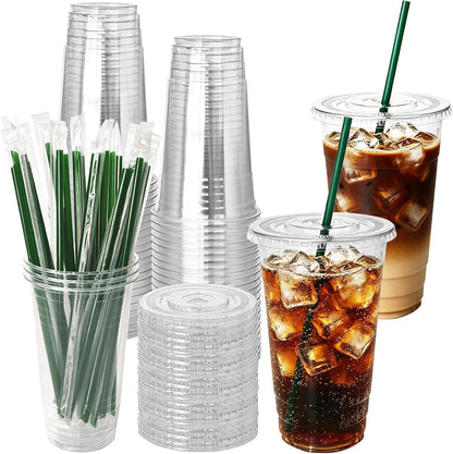 25 Set 16oz Plastic Cups with Flat Lids and Straws,Disposable Plastic Iced Coffee Cup,Disposable Clear Drinking Cups for Cold Beverages,Milkshakes,Smoothies