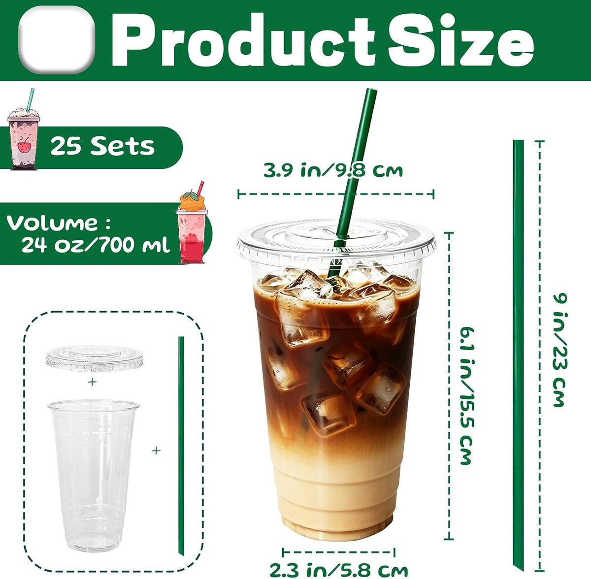 25 Set 16oz Plastic Cups with Flat Lids and Straws,Disposable Plastic Iced Coffee Cup,Disposable Clear Drinking Cups for Cold Beverages,Milkshakes,Smoothies