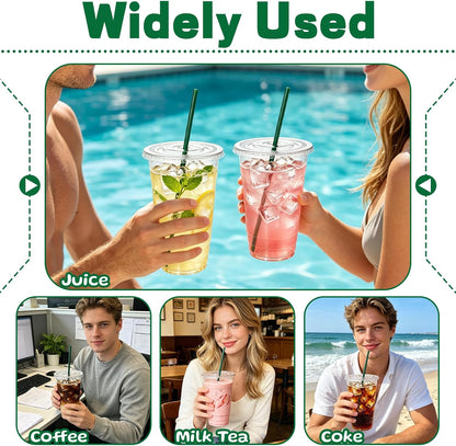 25 Set 16oz Plastic Cups with Flat Lids and Straws,Disposable Plastic Iced Coffee Cup,Disposable Clear Drinking Cups for Cold Beverages,Milkshakes,Smoothies