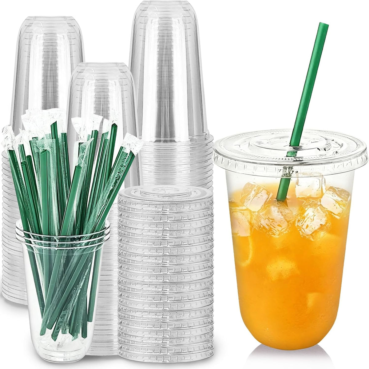 25 Set 16oz Plastic Cups with Flat Lids and Straws,Disposable Plastic Iced Coffee Cup,Disposable Clear Drinking Cups for Cold Beverages,Milkshakes,Smoothies