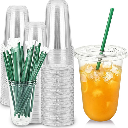 25 Set 16oz Plastic Cups with Flat Lids and Straws,Disposable Plastic Iced Coffee Cup,Disposable Clear Drinking Cups for Cold Beverages,Milkshakes,Smoothies