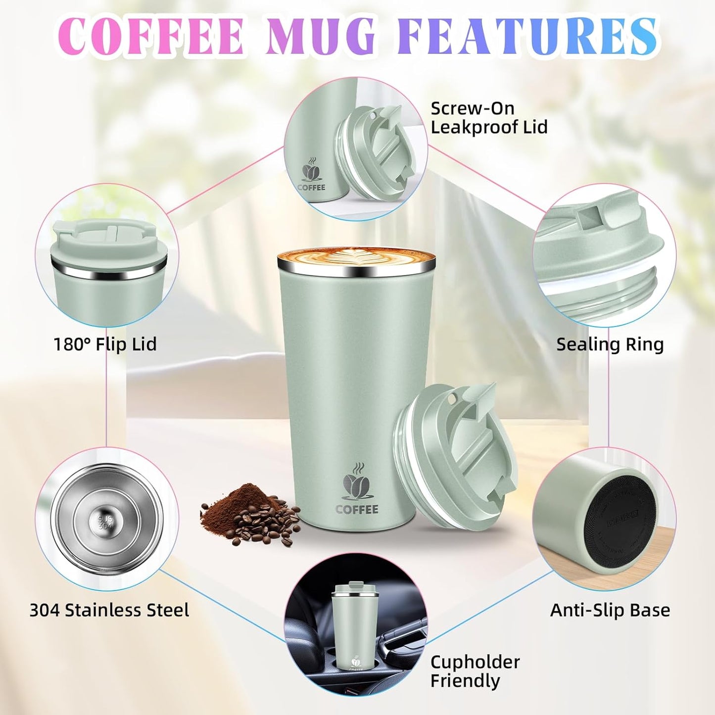 17oz Insulated Travel Coffee Mug with Flip Lid – Leakproof Stainless Steel Insulated Coffee Tumblers, Reusable Coffee Cup for Hot & Cold Drinks, Perfect for Camping & On-the-Go