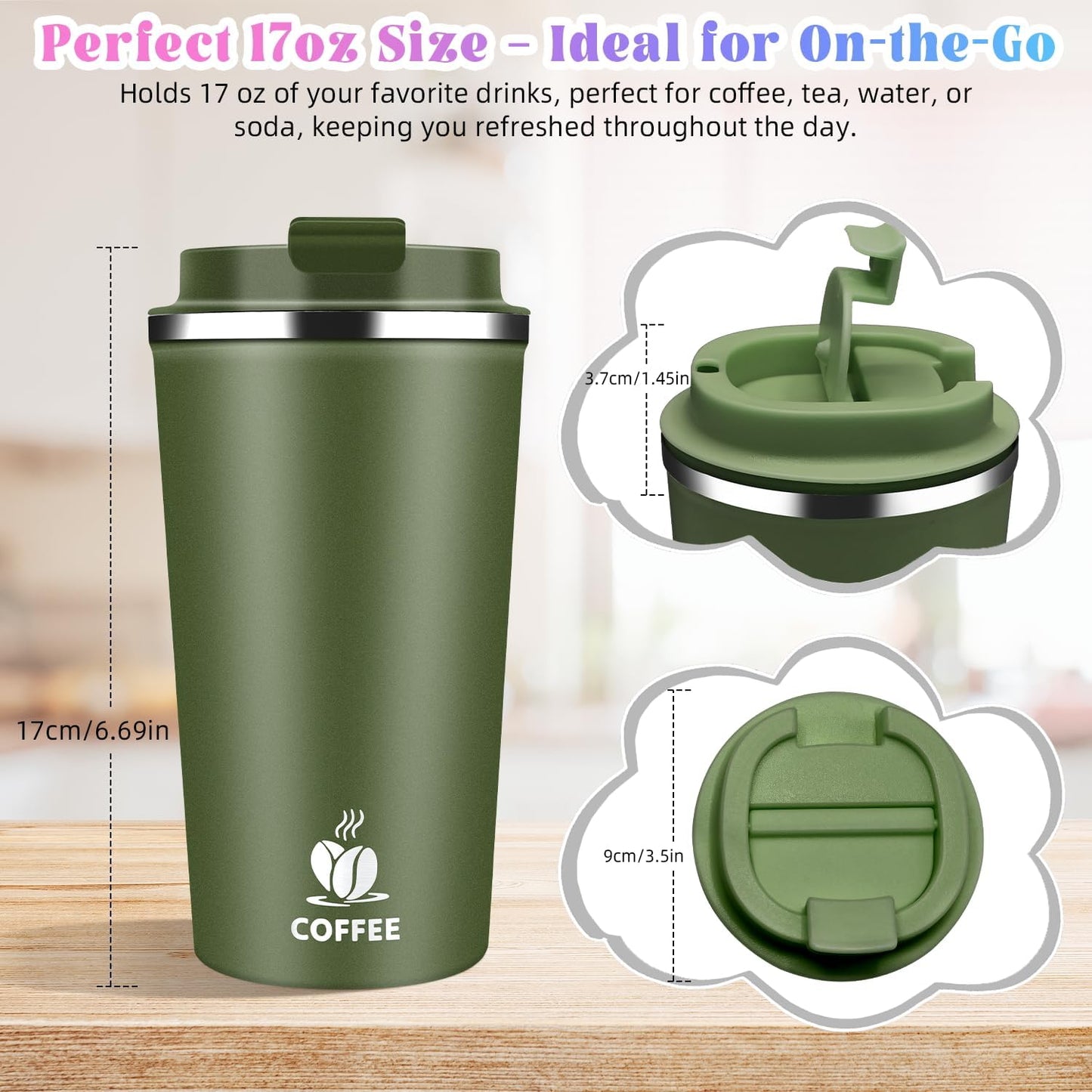 17oz Insulated Travel Coffee Mug with Flip Lid – Leakproof Stainless Steel Insulated Coffee Tumblers, Reusable Coffee Cup for Hot & Cold Drinks, Perfect for Camping & On-the-Go