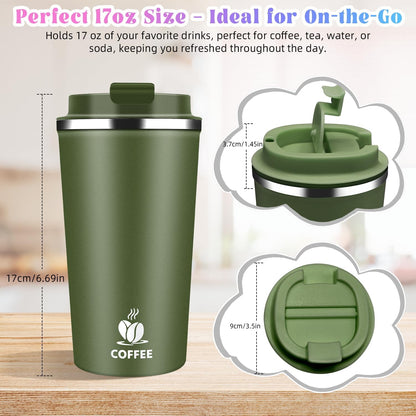17oz Insulated Travel Coffee Mug with Flip Lid – Leakproof Stainless Steel Insulated Coffee Tumblers, Reusable Coffee Cup for Hot & Cold Drinks, Perfect for Camping & On-the-Go
