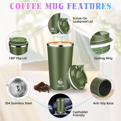 17oz Insulated Travel Coffee Mug with Flip Lid – Leakproof Stainless Steel Insulated Coffee Tumblers, Reusable Coffee Cup for Hot & Cold Drinks, Perfect for Camping & On-the-Go