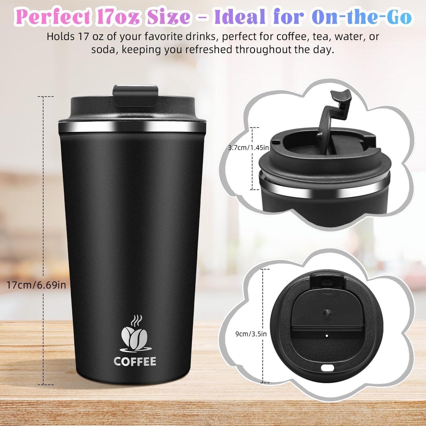 17oz Insulated Travel Coffee Mug with Flip Lid – Leakproof Stainless Steel Insulated Coffee Tumblers, Reusable Coffee Cup for Hot & Cold Drinks, Perfect for Camping & On-the-Go