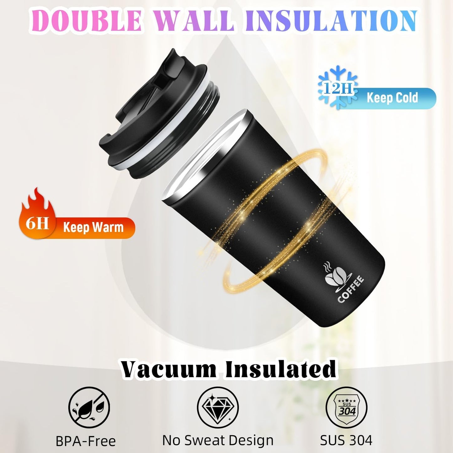 17oz Insulated Travel Coffee Mug with Flip Lid – Leakproof Stainless Steel Insulated Coffee Tumblers, Reusable Coffee Cup for Hot & Cold Drinks, Perfect for Camping & On-the-Go