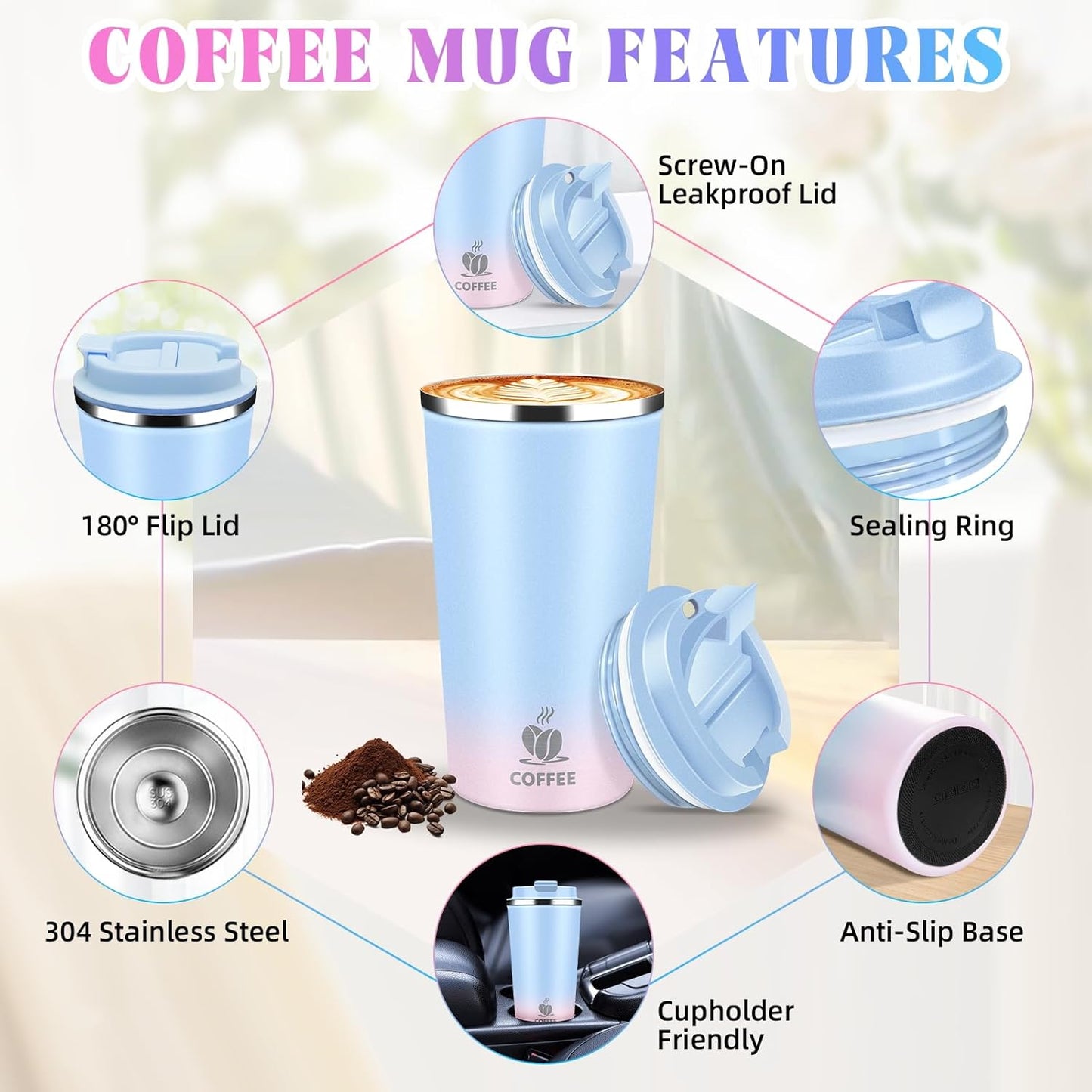 17oz Insulated Travel Coffee Mug with Flip Lid – Leakproof Stainless Steel Insulated Coffee Tumblers, Reusable Coffee Cup for Hot & Cold Drinks, Perfect for Camping & On-the-Go