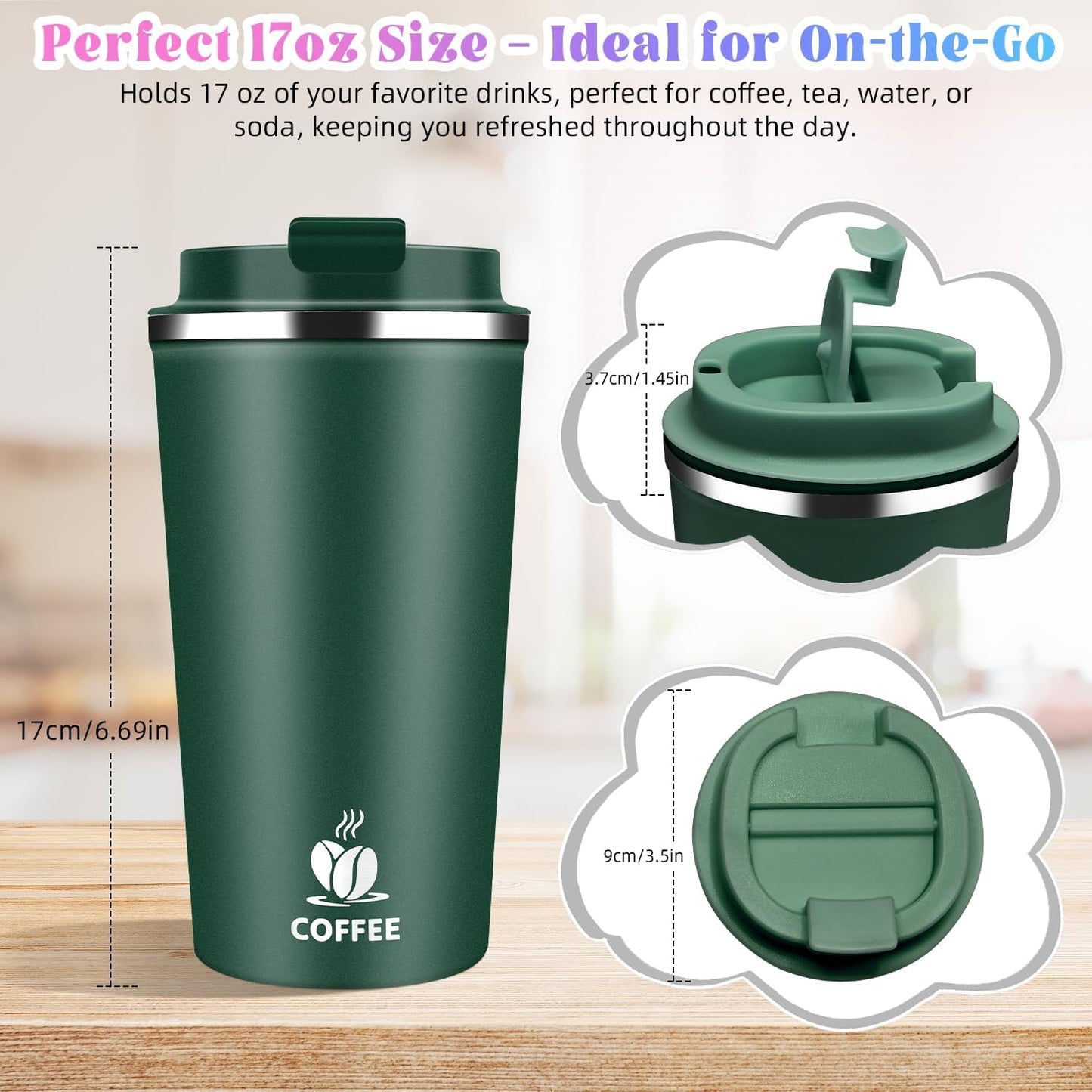17oz Insulated Travel Coffee Mug with Flip Lid – Leakproof Stainless Steel Insulated Coffee Tumblers, Reusable Coffee Cup for Hot & Cold Drinks, Perfect for Camping & On-the-Go