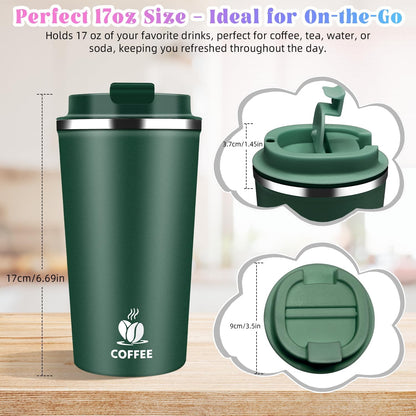 17oz Insulated Travel Coffee Mug with Flip Lid – Leakproof Stainless Steel Insulated Coffee Tumblers, Reusable Coffee Cup for Hot & Cold Drinks, Perfect for Camping & On-the-Go