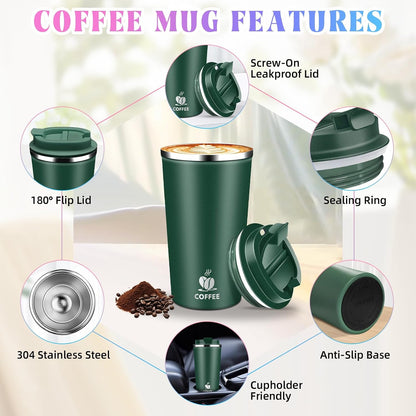 17oz Insulated Travel Coffee Mug with Flip Lid – Leakproof Stainless Steel Insulated Coffee Tumblers, Reusable Coffee Cup for Hot & Cold Drinks, Perfect for Camping & On-the-Go