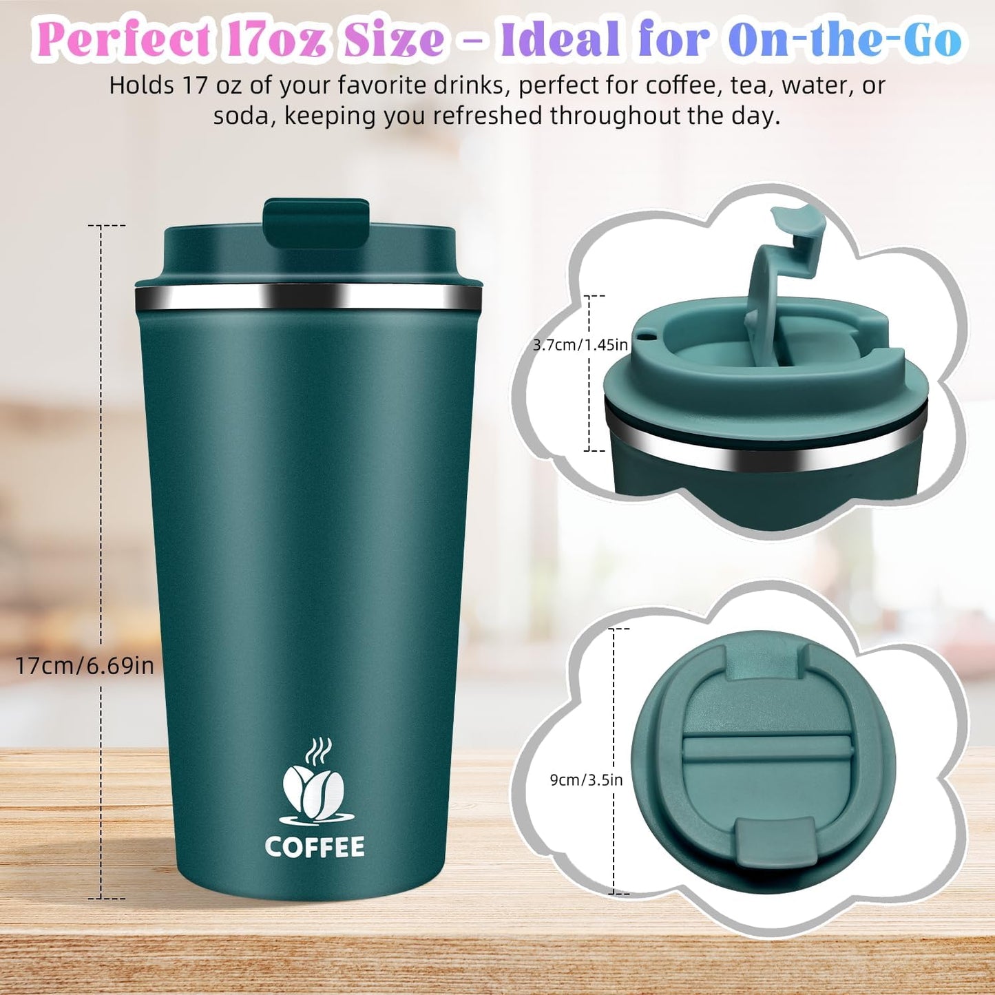 17oz Insulated Travel Coffee Mug with Flip Lid – Leakproof Stainless Steel Insulated Coffee Tumblers, Reusable Coffee Cup for Hot & Cold Drinks, Perfect for Camping & On-the-Go