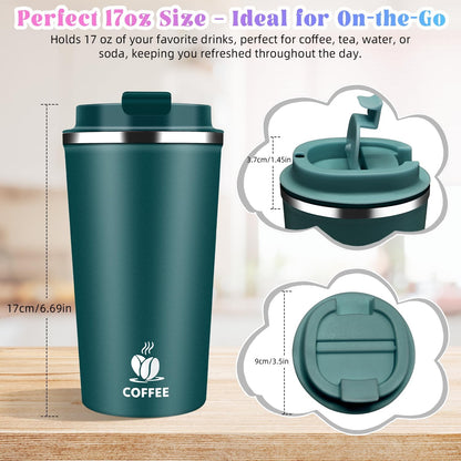 17oz Insulated Travel Coffee Mug with Flip Lid – Leakproof Stainless Steel Insulated Coffee Tumblers, Reusable Coffee Cup for Hot & Cold Drinks, Perfect for Camping & On-the-Go