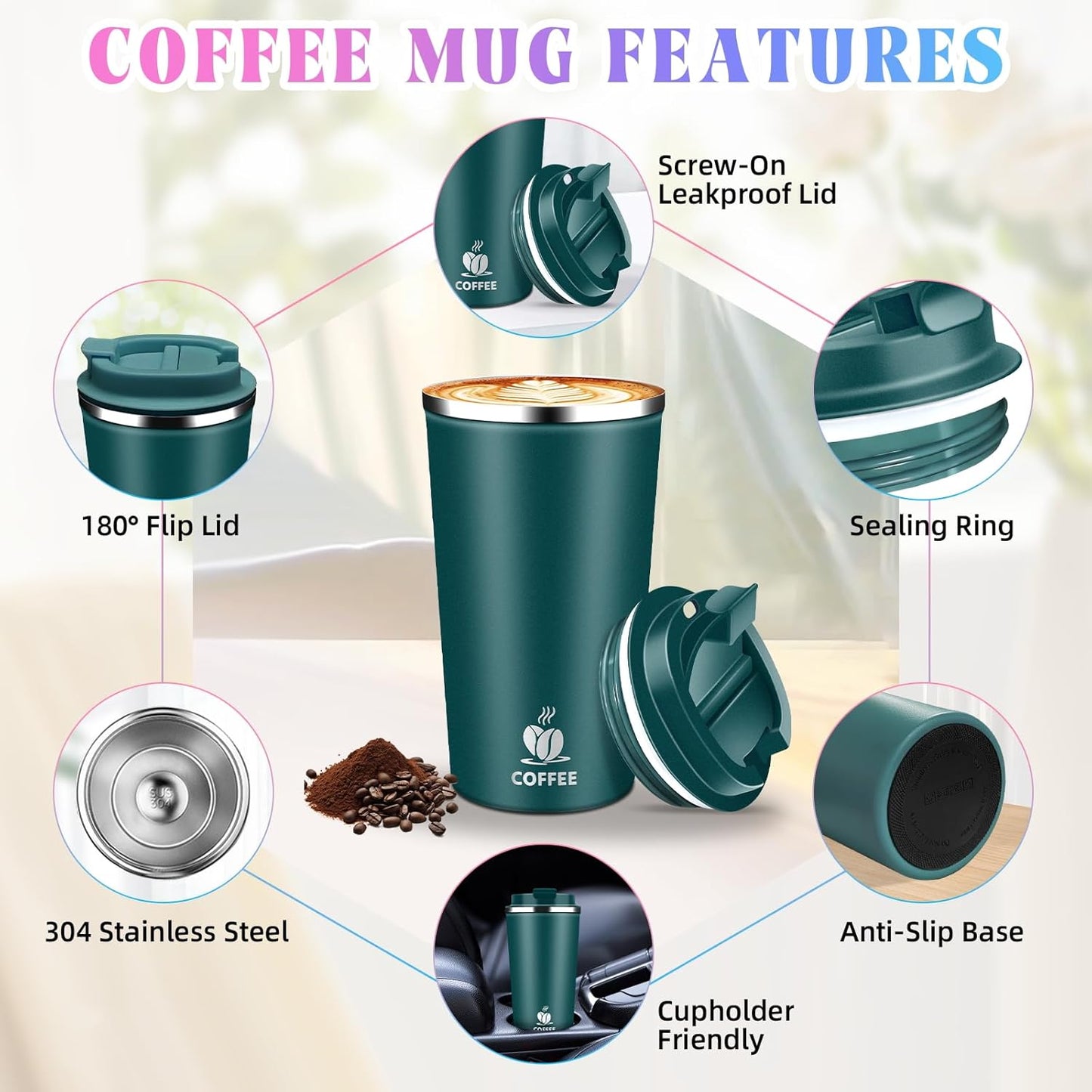17oz Insulated Travel Coffee Mug with Flip Lid – Leakproof Stainless Steel Insulated Coffee Tumblers, Reusable Coffee Cup for Hot & Cold Drinks, Perfect for Camping & On-the-Go