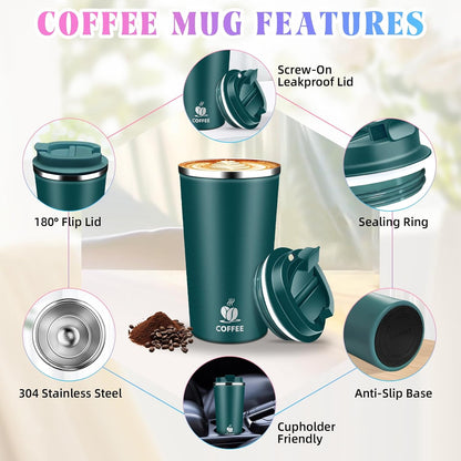 17oz Insulated Travel Coffee Mug with Flip Lid – Leakproof Stainless Steel Insulated Coffee Tumblers, Reusable Coffee Cup for Hot & Cold Drinks, Perfect for Camping & On-the-Go