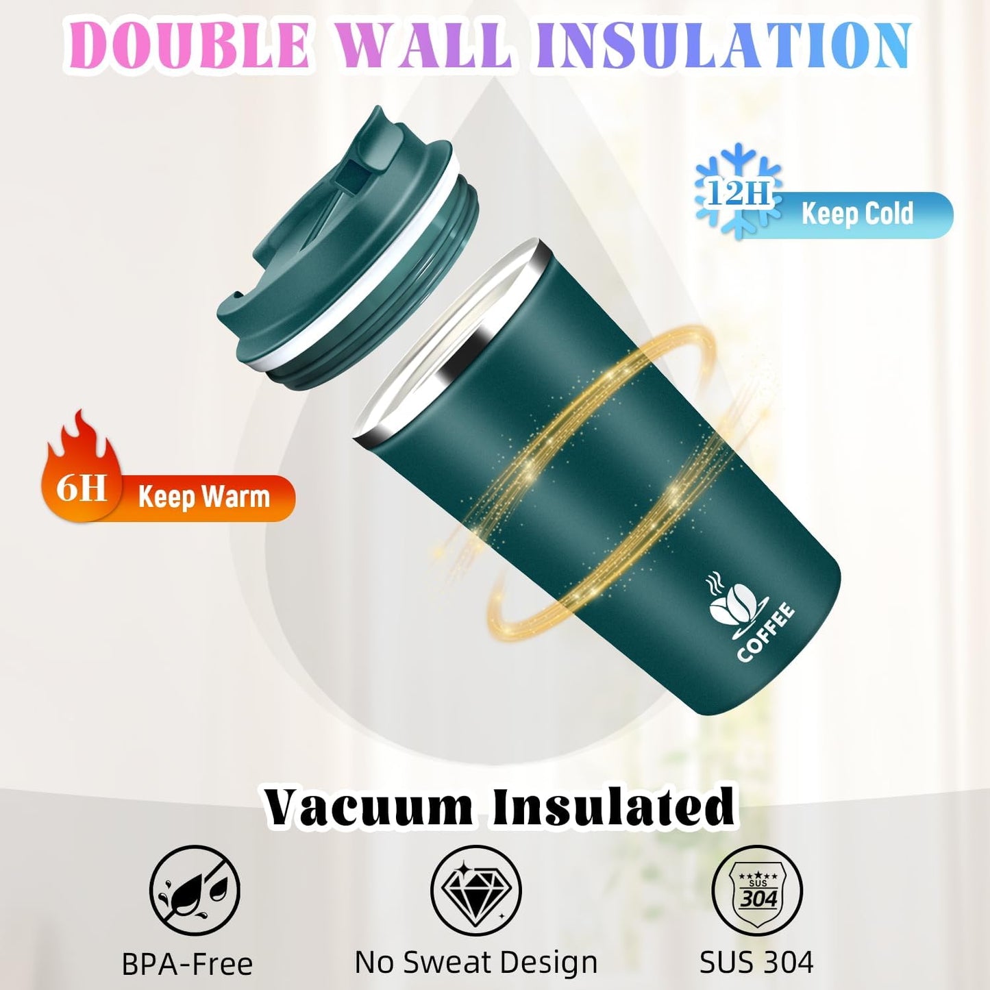 17oz Insulated Travel Coffee Mug with Flip Lid – Leakproof Stainless Steel Insulated Coffee Tumblers, Reusable Coffee Cup for Hot & Cold Drinks, Perfect for Camping & On-the-Go