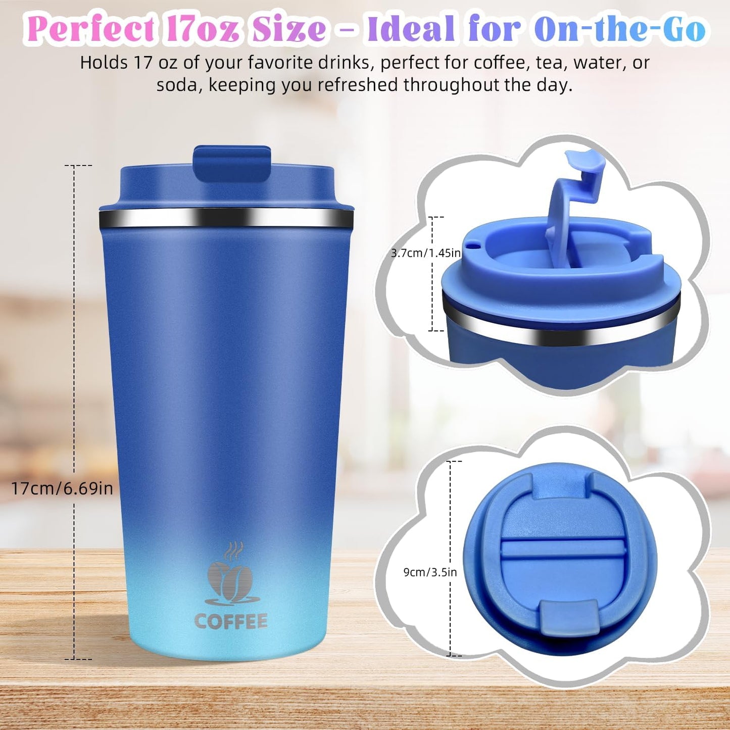 17oz Insulated Travel Coffee Mug with Flip Lid – Leakproof Stainless Steel Insulated Coffee Tumblers, Reusable Coffee Cup for Hot & Cold Drinks, Perfect for Camping & On-the-Go