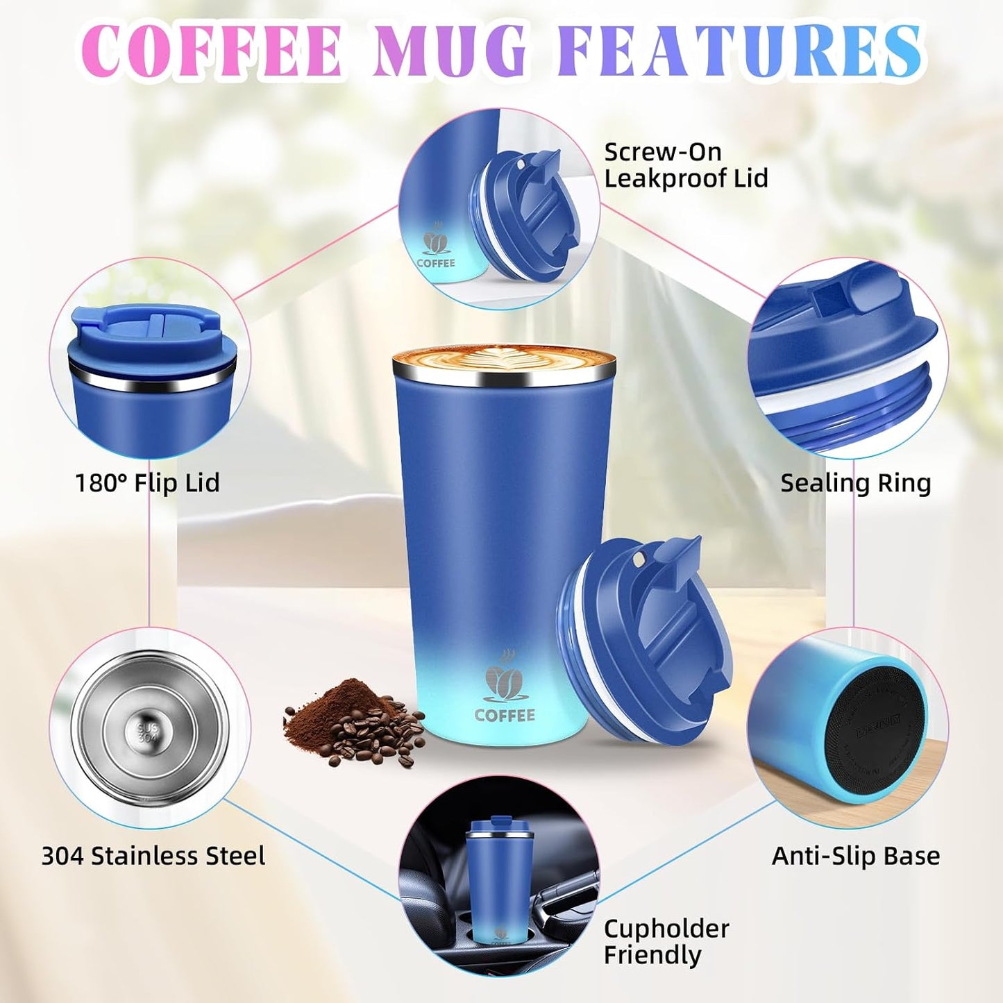 17oz Insulated Travel Coffee Mug with Flip Lid – Leakproof Stainless Steel Insulated Coffee Tumblers, Reusable Coffee Cup for Hot & Cold Drinks, Perfect for Camping & On-the-Go