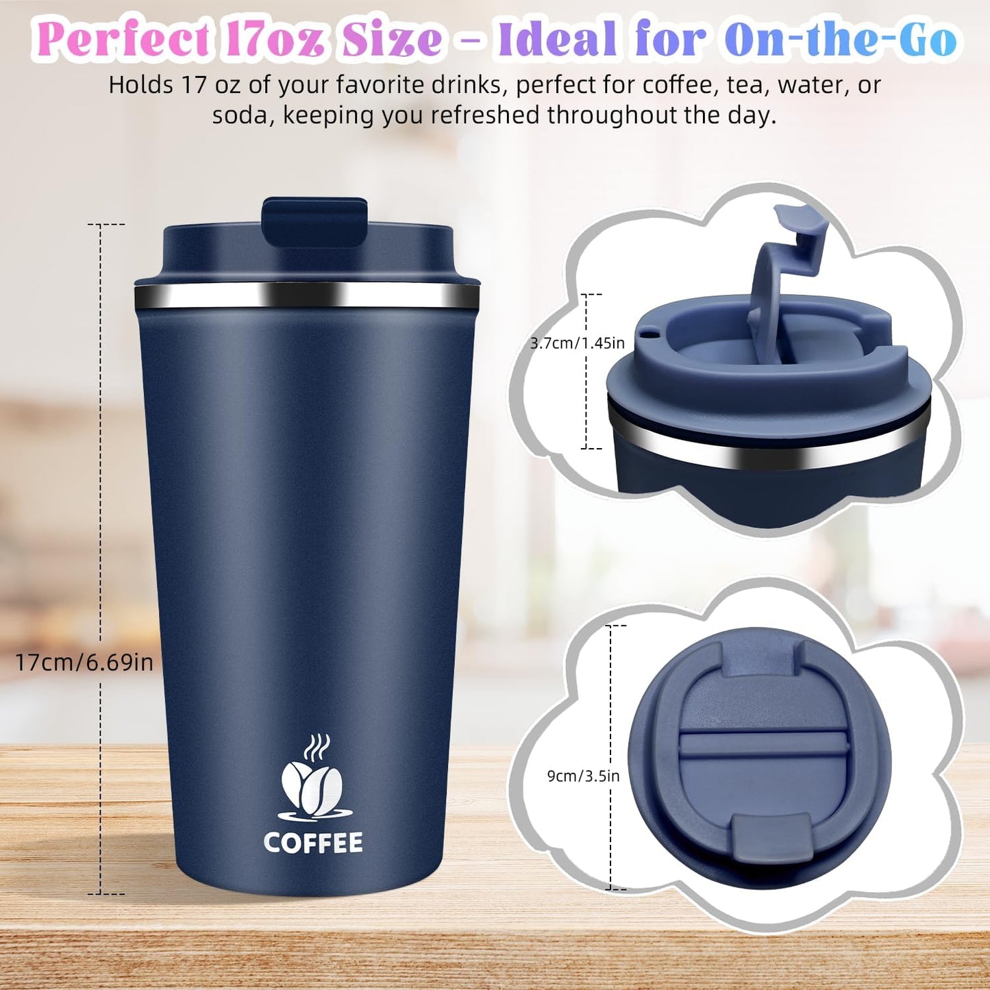 17oz Insulated Travel Coffee Mug with Flip Lid – Leakproof Stainless Steel Insulated Coffee Tumblers, Reusable Coffee Cup for Hot & Cold Drinks, Perfect for Camping & On-the-Go