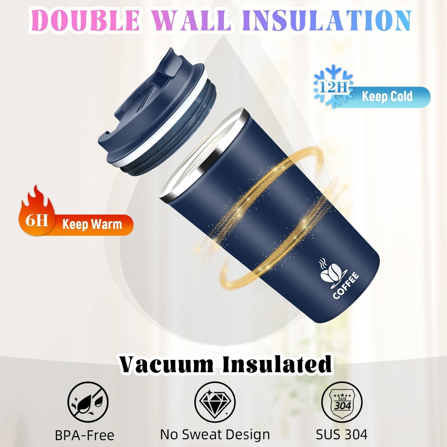 17oz Insulated Travel Coffee Mug with Flip Lid – Leakproof Stainless Steel Insulated Coffee Tumblers, Reusable Coffee Cup for Hot & Cold Drinks, Perfect for Camping & On-the-Go