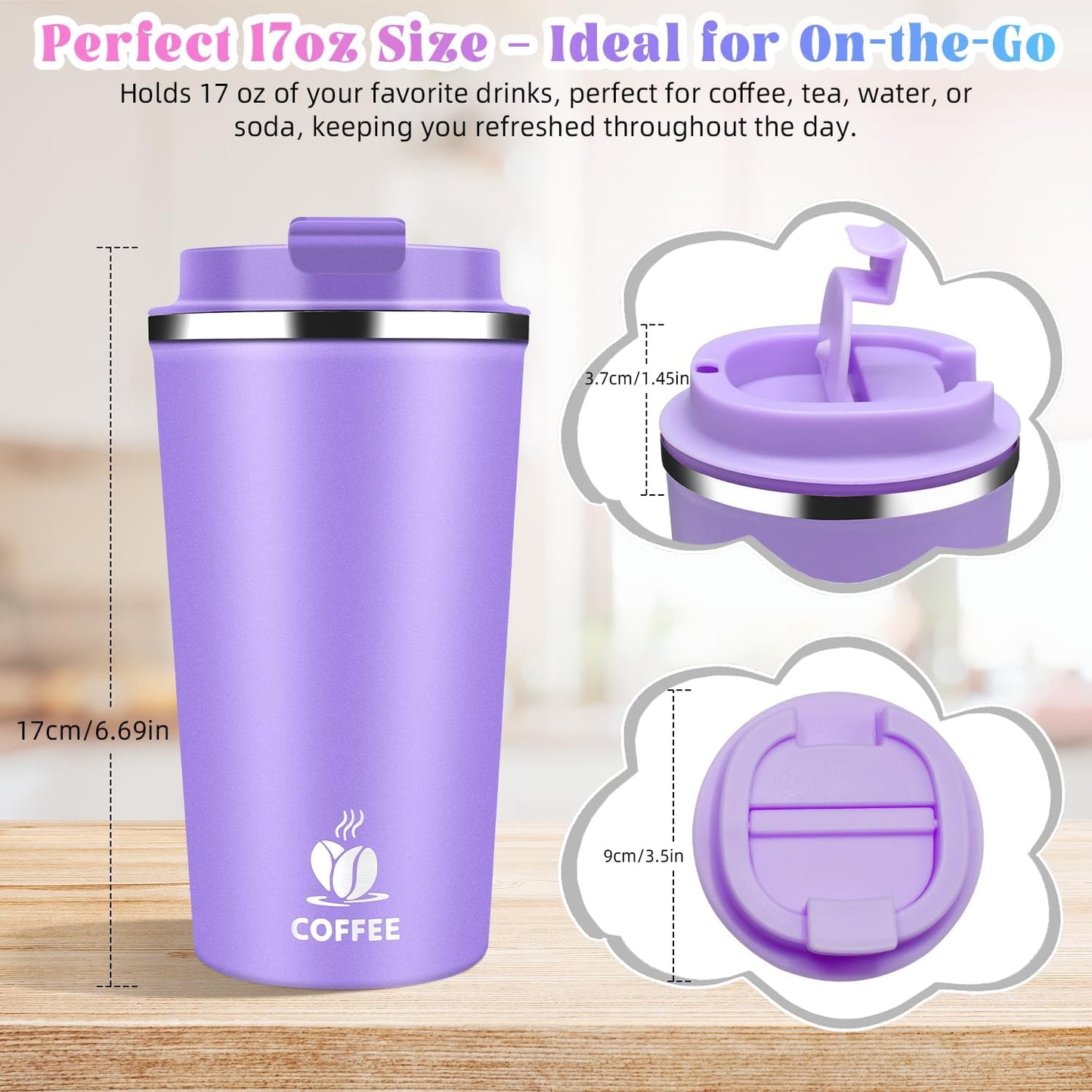 17oz Insulated Travel Coffee Mug with Flip Lid – Leakproof Stainless Steel Insulated Coffee Tumblers, Reusable Coffee Cup for Hot & Cold Drinks, Perfect for Camping & On-the-Go