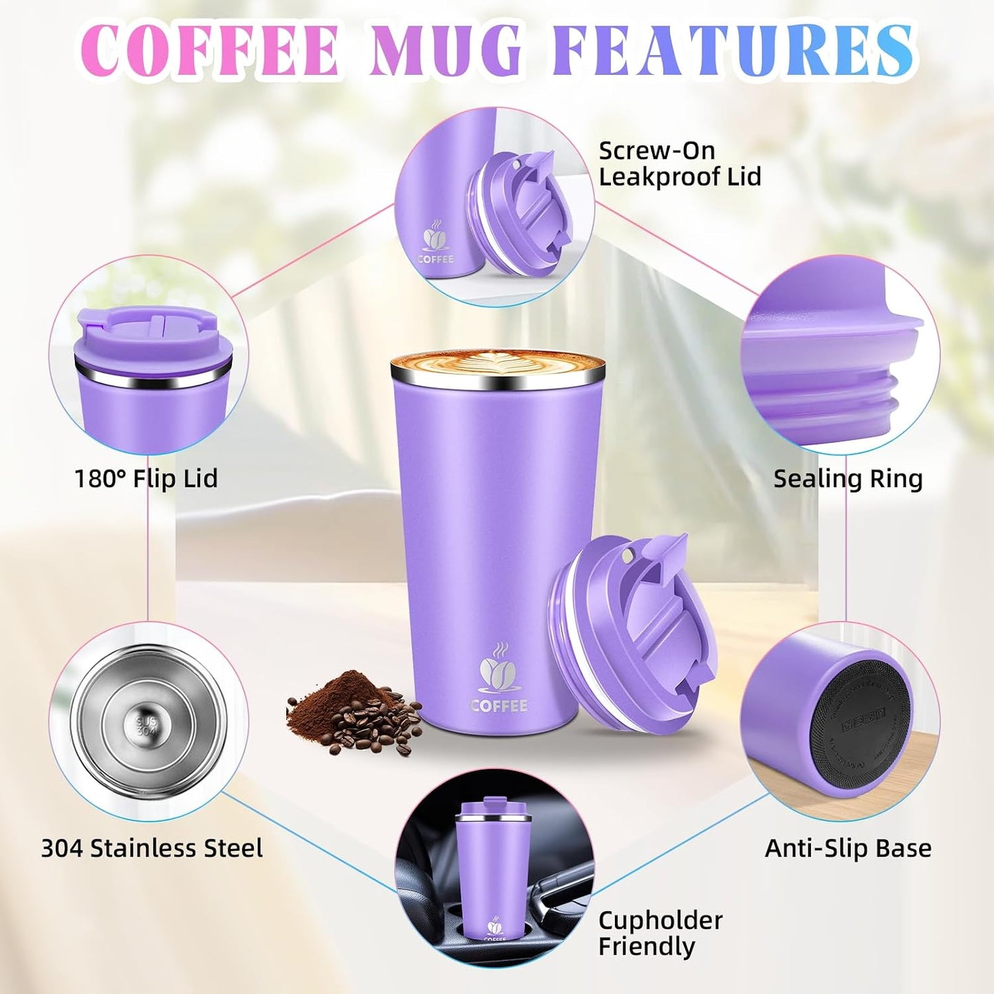 17oz Insulated Travel Coffee Mug with Flip Lid – Leakproof Stainless Steel Insulated Coffee Tumblers, Reusable Coffee Cup for Hot & Cold Drinks, Perfect for Camping & On-the-Go