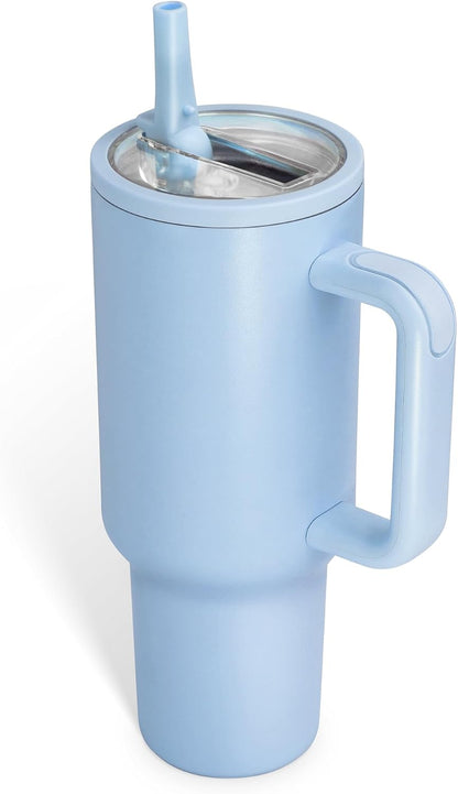 40oz Insulated Tumbler with Handle & Straw, Light Blue | Double-wall vacuum insulation and leakproof, perfect for beach days, camping, road trips, and daily use.