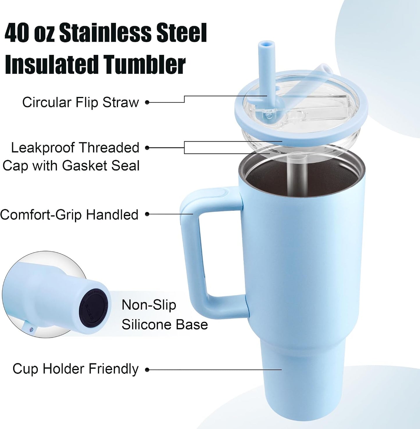40oz Insulated Tumbler with Handle & Straw, Light Blue | Double-wall vacuum insulation and leakproof, perfect for beach days, camping, road trips, and daily use.