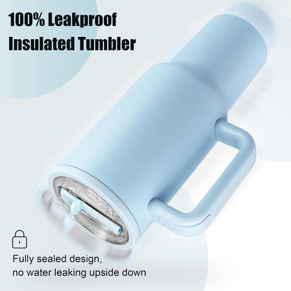 40oz Insulated Tumbler with Handle & Straw, Light Blue | Double-wall vacuum insulation and leakproof, perfect for beach days, camping, road trips, and daily use.