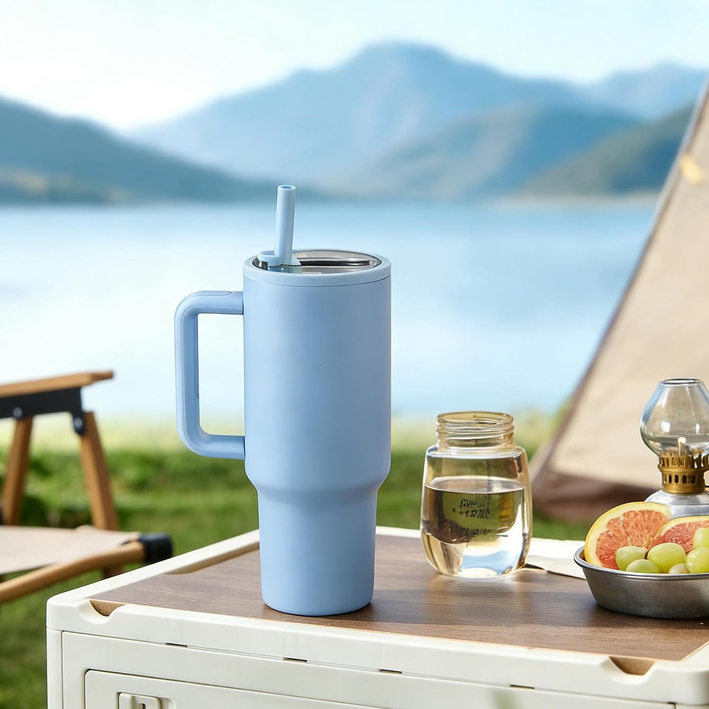 40oz Insulated Tumbler with Handle & Straw, Light Blue | Double-wall vacuum insulation and leakproof, perfect for beach days, camping, road trips, and daily use.