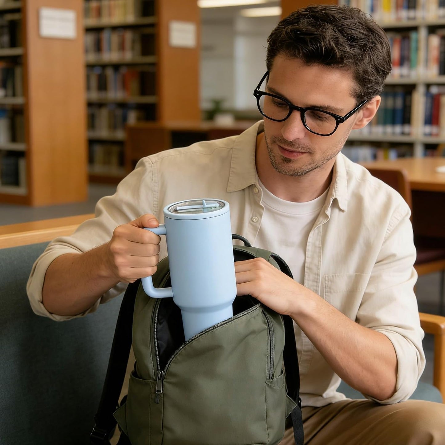 40oz Insulated Tumbler with Handle & Straw, Light Blue | Double-wall vacuum insulation and leakproof, perfect for beach days, camping, road trips, and daily use.