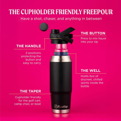 FreePour System: 6oz Mixed Drink Tumbler Attachment and 26oz Cup Holder Friendly, Stainless Steel Water Bottle, Removable Hidden Flask Reservoir