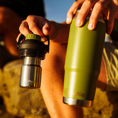 FreePour System: 6oz Mixed Drink Tumbler Attachment and 26oz Cup Holder Friendly, Stainless Steel Water Bottle, Removable Hidden Flask Reservoir