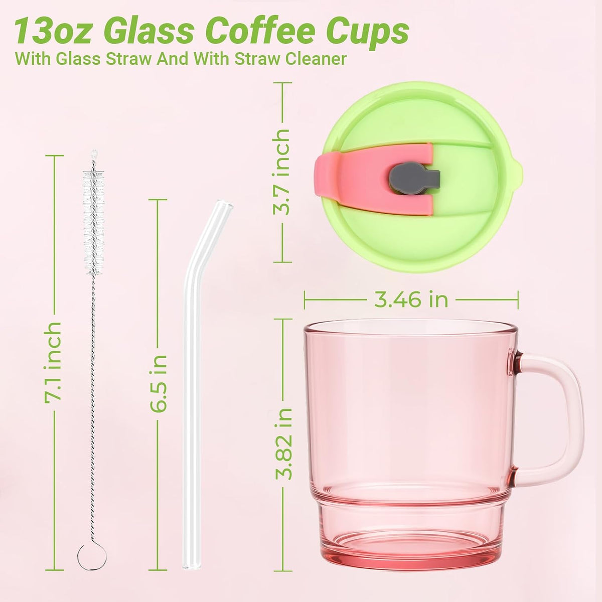 13oz Tumbler Water Glass Cups with Lid and Straw, 2 Pack Reusable Iced Coffee Cups with Handle, Sealed Carry on for Iced Tea, Coffee, BPA-Free Glass Tumblers for Home, Office, Party, Outdoor