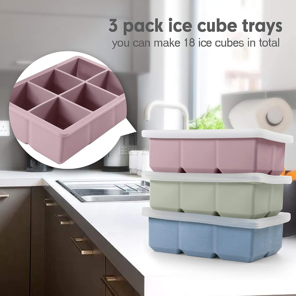 Silicone Ice Cube Trays, 3‑Pack Large Square Molds with Lid