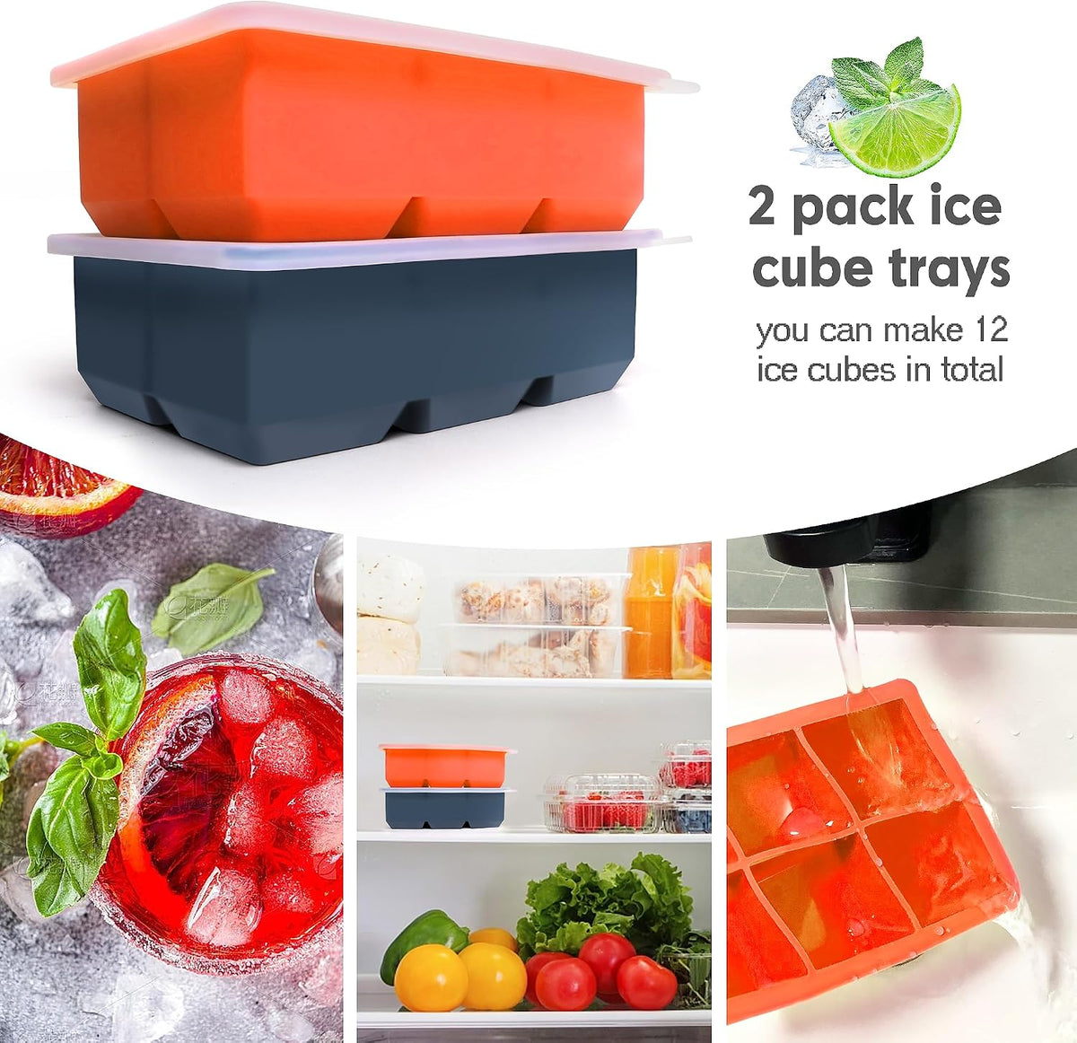 Silicone Ice Cube Trays, 3‑Pack Large Square Molds with Lid