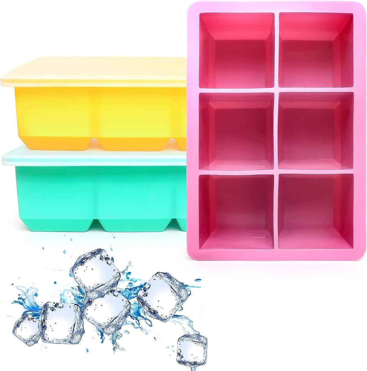 Silicone Ice Cube Trays, 3‑Pack Large Square Molds with Lid