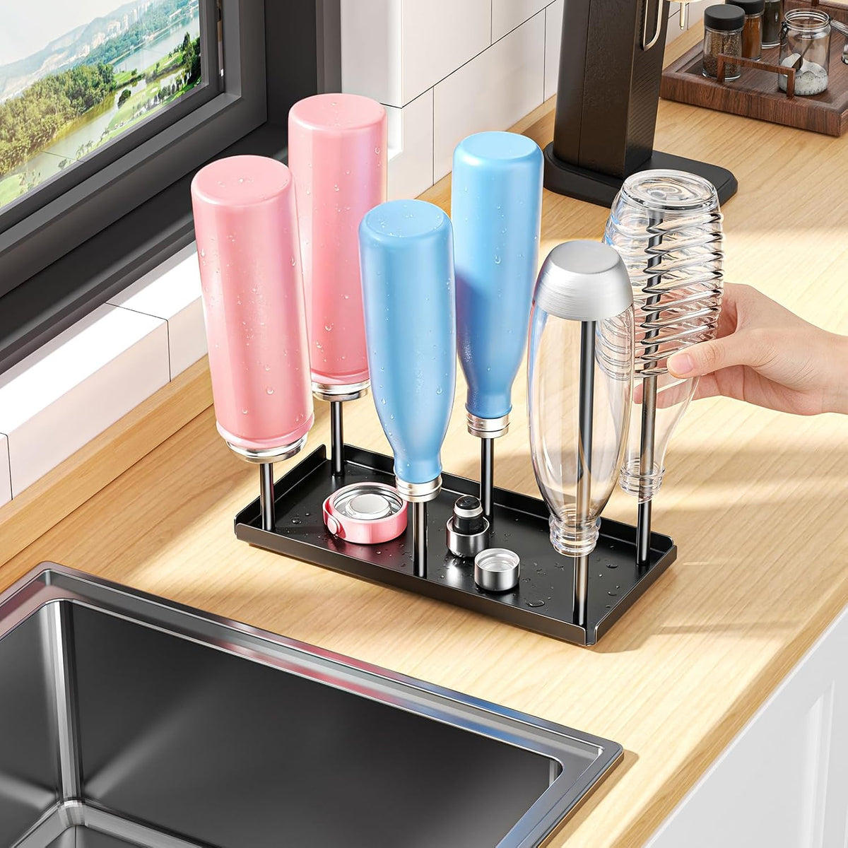 Water Bottle Drying Rack with Drain Tray, Cup Drying Rack for Counter, Metal Tumbler Dryer Stand with 6 Pegs, Space-Saving Drying Rack for Water Bottles, Baby Bottle, Glass & Reusable Bag (Black)