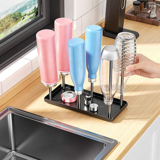 Water Bottle Drying Rack with Drain Tray, Cup Drying Rack for Counter, Metal Tumbler Dryer Stand with 6 Pegs, Space-Saving Drying Rack for Water Bottles, Baby Bottle, Glass & Reusable Bag (Black)