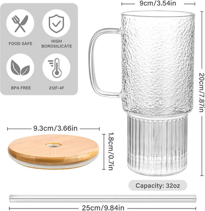 32oz Ribbed Borosilicate Glass Tumbler with Handle, Bamboo Lid and Straw (clear-1 Pack-Bamboo Lid)