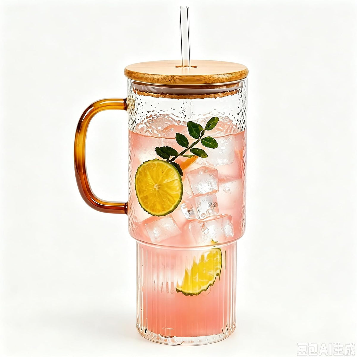 32oz Ribbed Borosilicate Glass Tumbler with Handle, Bamboo Lid and Straw (clear-1 Pack-Bamboo Lid)
