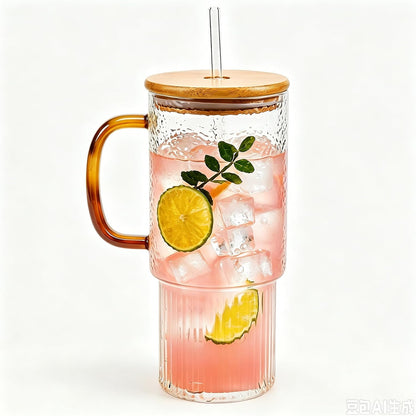 32oz Ribbed Borosilicate Glass Tumbler with Handle, Bamboo Lid and Straw (clear-1 Pack-Bamboo Lid)